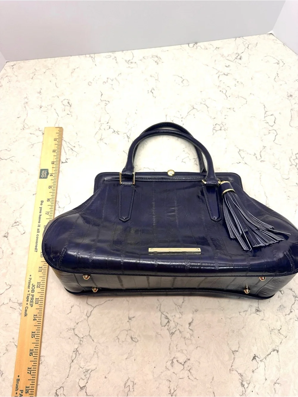 Brahmin Layla Dark Blue Structured Bag Embossed Eel Print Leather Magnetic Close